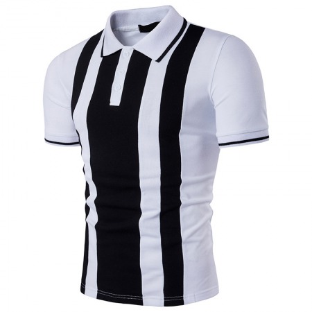 Men's Style Simple Black and White Striped Lapel Short Sleeve Plus Size T-Shirt