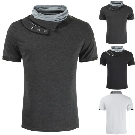 New Style Men's Personality Sports T-Shirt Fashion Leather High Pile Collar Short-Sleeved T-Shirts