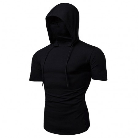 Summer Personality Stretch Fitness Men's Suit Hooded Short-Sleeved T-Shirt Face Mask