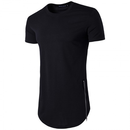 Men's High Street Style Double Zipper Long Round Neck T-Shirt Multicolor Large Size Short-Sleeved T-Shirt